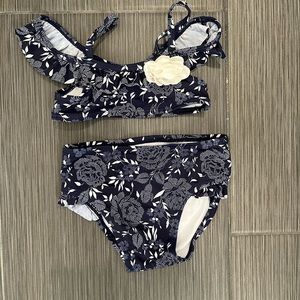 Janie & Jack Baby Girls Two Piece Swimsuit Navy & White Floral Size 12-18m